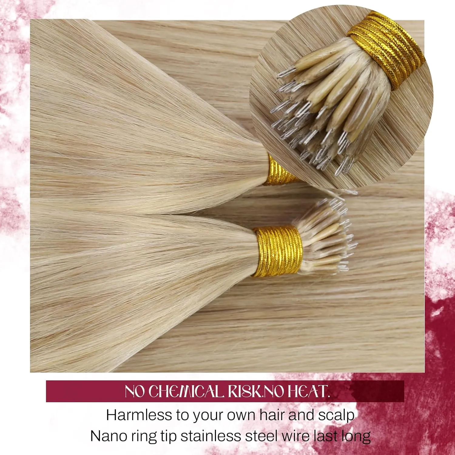 Vivien Nano Bead Hair Extensions Human Hair 20 Inch Golden Blonde Highlight Ash Blonde Nano Ring Hair Extensions Human Hair Pre Bonded Invisible 50G/50S