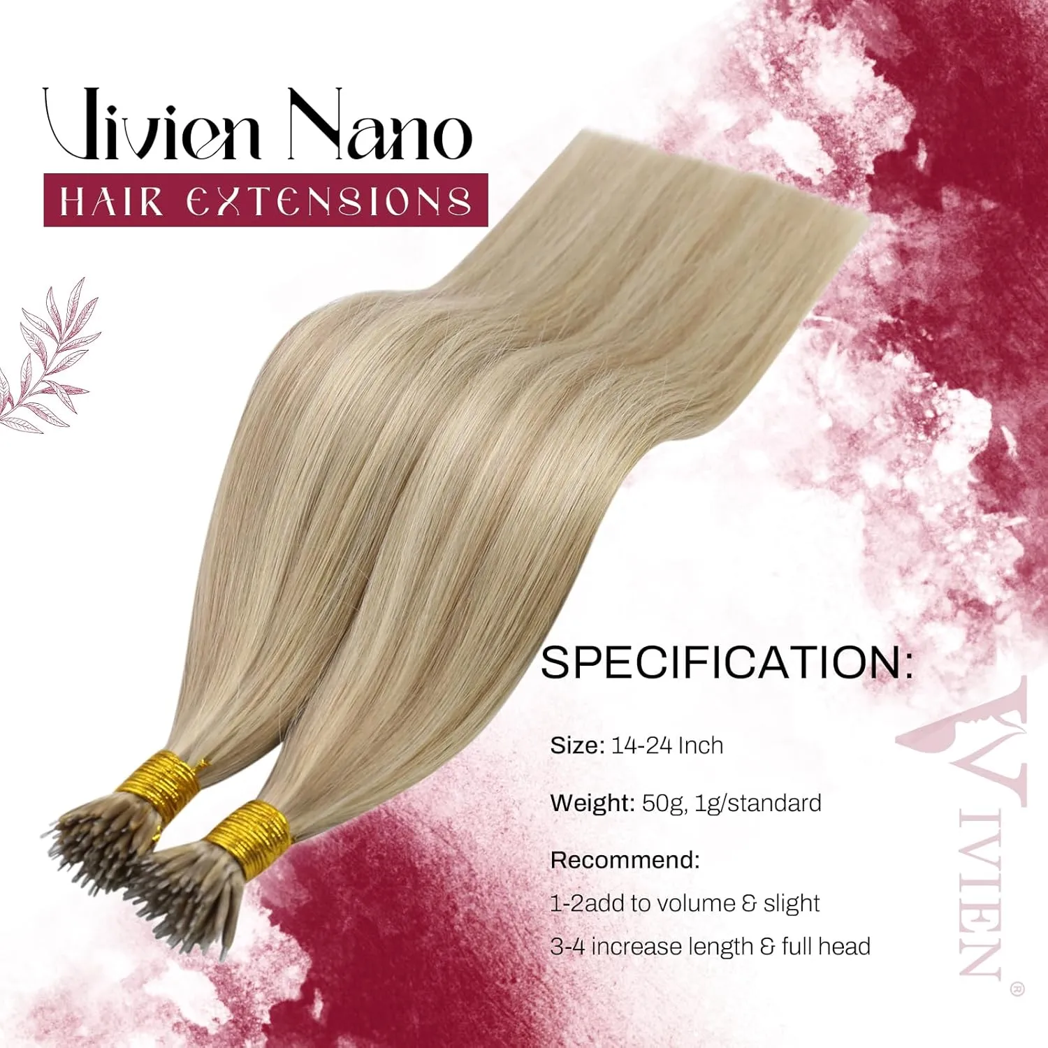 Vivien Nano Bead Hair Extensions Human Hair 20 Inch Golden Blonde Highlight Ash Blonde Nano Ring Hair Extensions Human Hair Pre Bonded Invisible 50G/50S