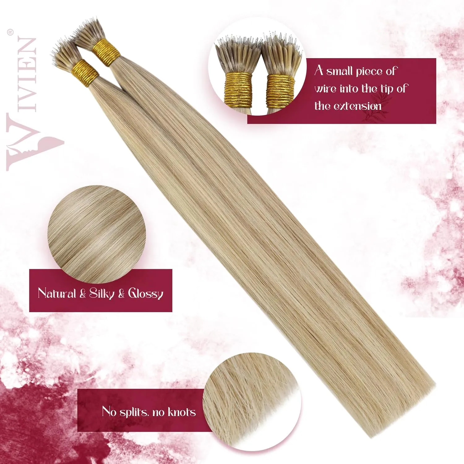 Vivien Nano Bead Hair Extensions Human Hair 20 Inch Golden Blonde Highlight Ash Blonde Nano Ring Hair Extensions Human Hair Pre Bonded Invisible 50G/50S