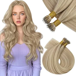 Vivien Nano Bead Hair Extensions Human Hair 20 Inch Golden Blonde Highlight Ash Blonde Nano Ring Hair Extensions Human Hair Pre Bonded Invisible 50G/50S