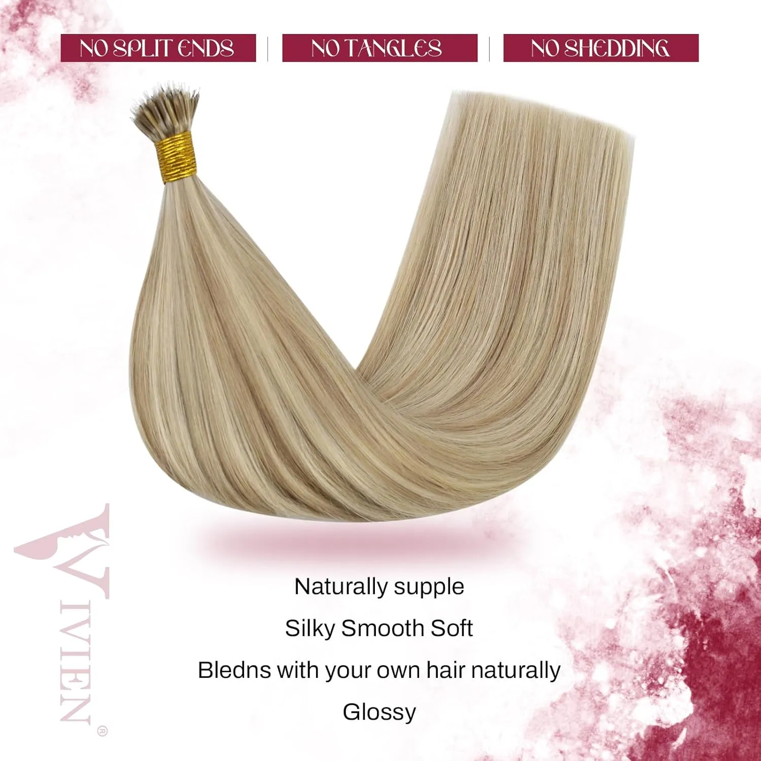 Vivien Nano Bead Hair Extensions Human Hair 20 Inch Golden Blonde Highlight Ash Blonde Nano Ring Hair Extensions Human Hair Pre Bonded Invisible 50G/50S