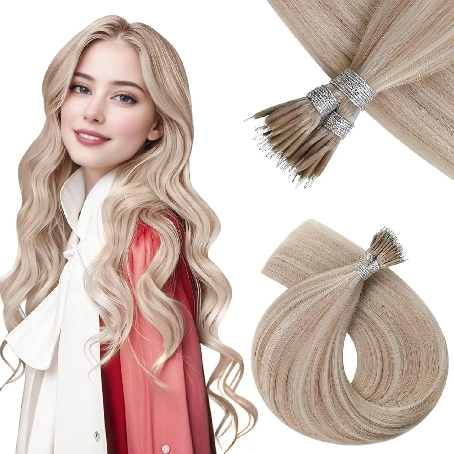 Vivien Nano Hair Extensions Human Hair Ash Blonde Highlight with Bleach Blonde Nano Tip Hair Extensions Real Human Hair Remy Silky Soft Nano Ring Human Hair Extensions 50g 50s 18 Inch #18/613