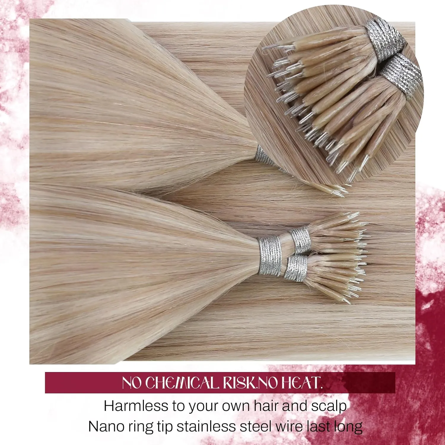 Vivien Nano Hair Extensions Human Hair Ash Blonde Highlight with Bleach Blonde Nano Tip Hair Extensions Real Human Hair Remy Silky Soft Nano Ring Human Hair Extensions 50g 50s 18 Inch #18/613