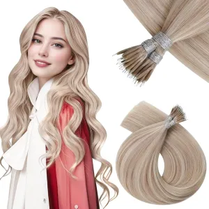 Vivien Nano Hair Extensions Human Hair Ash Blonde Highlight with Bleach Blonde Nano Tip Hair Extensions Real Human Hair Remy Silky Soft Nano Ring Human Hair Extensions 50g 50s 18 Inch #18/613