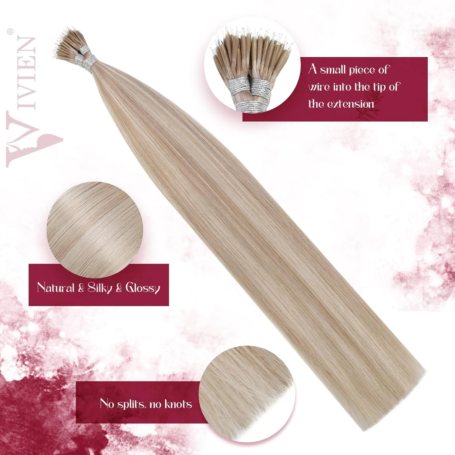 Vivien Nano Hair Extensions Human Hair Ash Blonde Highlight with Bleach Blonde Nano Tip Hair Extensions Real Human Hair Remy Silky Soft Nano Ring Human Hair Extensions 50g 50s 18 Inch #18/613