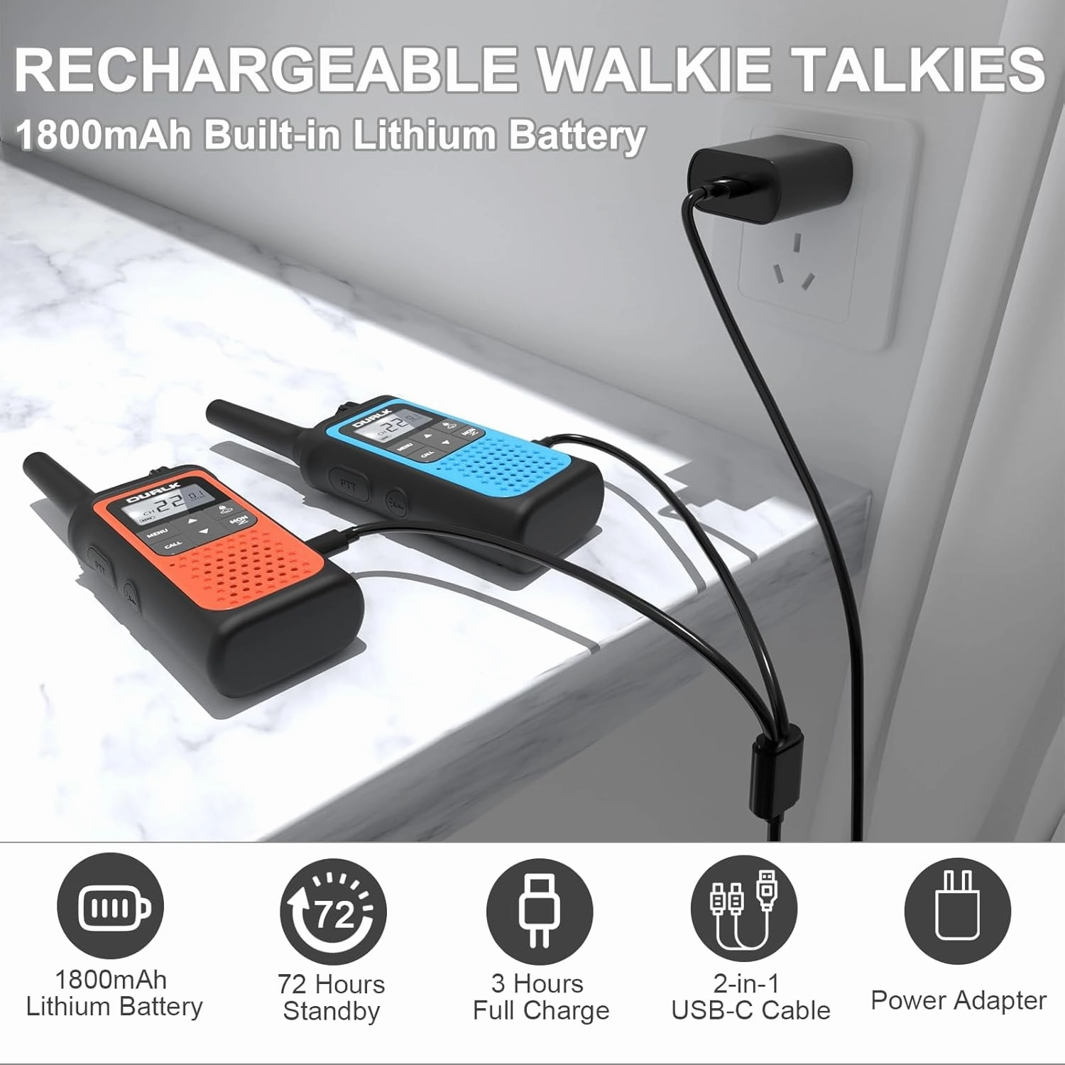 Walkie Talkies for Adults Long Range 2 Pack, Rechargeable Walkie Talkies 22 FRS Channels Two Way Radios with NOAA Weather Receiver, Noise Reduction, Volume Adjustment, LED Flashlight, 1800mAh Battery