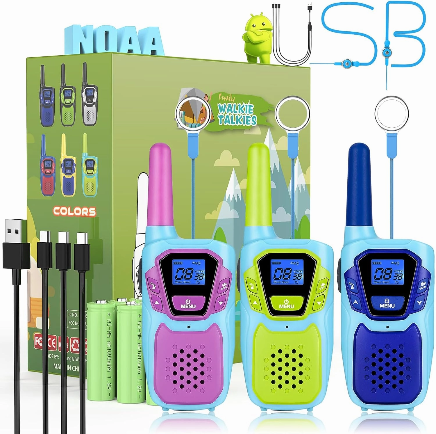 Walkie Talkies for Kids Long Range Walkie-Talkie for Adults Rechargeable 2 Way Radios 3 Pack with Lanyard 4 Miles NOAA USB VOX, Family Toys for 3-12 Year Old Boys Girls Toddlers Camping Hiking