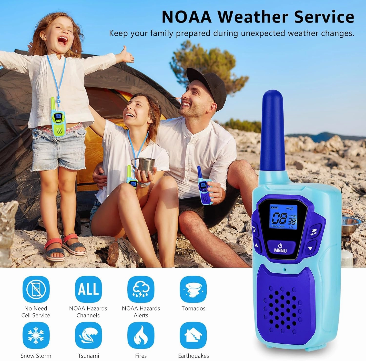 Walkie Talkies for Kids Long Range Walkie-Talkie for Adults Rechargeable 2 Way Radios 3 Pack with Lanyard 4 Miles NOAA USB VOX, Family Toys for 3-12 Year Old Boys Girls Toddlers Camping Hiking