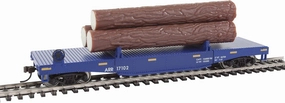 Walthers Trainline HO Scale Model Log Dump Car with 3 Logs - Ready to Run Alaska Railroad #17102 (Blue, Yellow Conspicuity Marks)