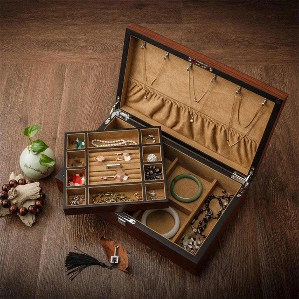 Watch Box Wooden Watch Storage Box 2 Tier Watch Display Cabinet Mechanical Watch Stacker Watch Bracelet Jewelry Box, Brown, 36X9.2X22cm(Color:Yellow)