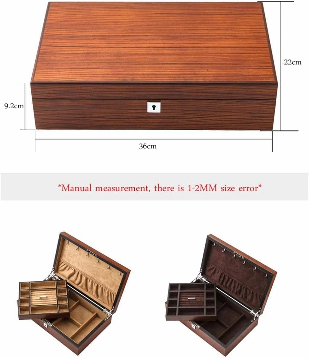 Watch Box Wooden Watch Storage Box 2 Tier Watch Display Cabinet Mechanical Watch Stacker Watch Bracelet Jewelry Box, Brown, 36X9.2X22cm(Color:Yellow)