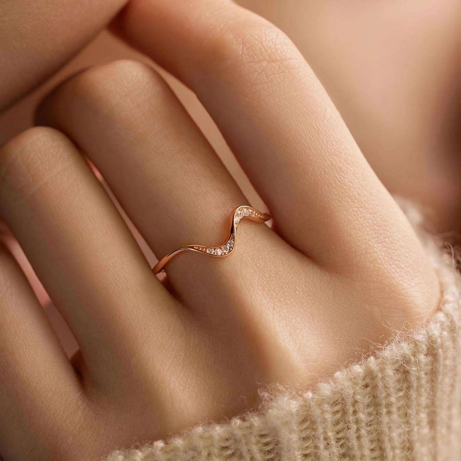 Wave Ring, 925 Sterling Silver Ocean Wave Rings for Women Cubic Zirconia Self Reminder Up and Down High and Low Ring Ideal Minimalism Jewelry Graduation Gifts