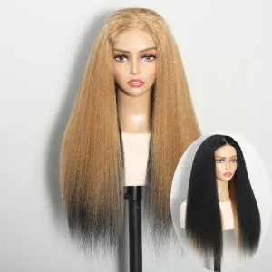Wear and Go Glueless Yaki Straight Human Hair Wig Double Wear Wig No Glue Transparent HD Lace Wig 4x4 Kinky Straight Lace Closure Wigs Human Hair 180% Density 22 Inch (Blonde and Black)