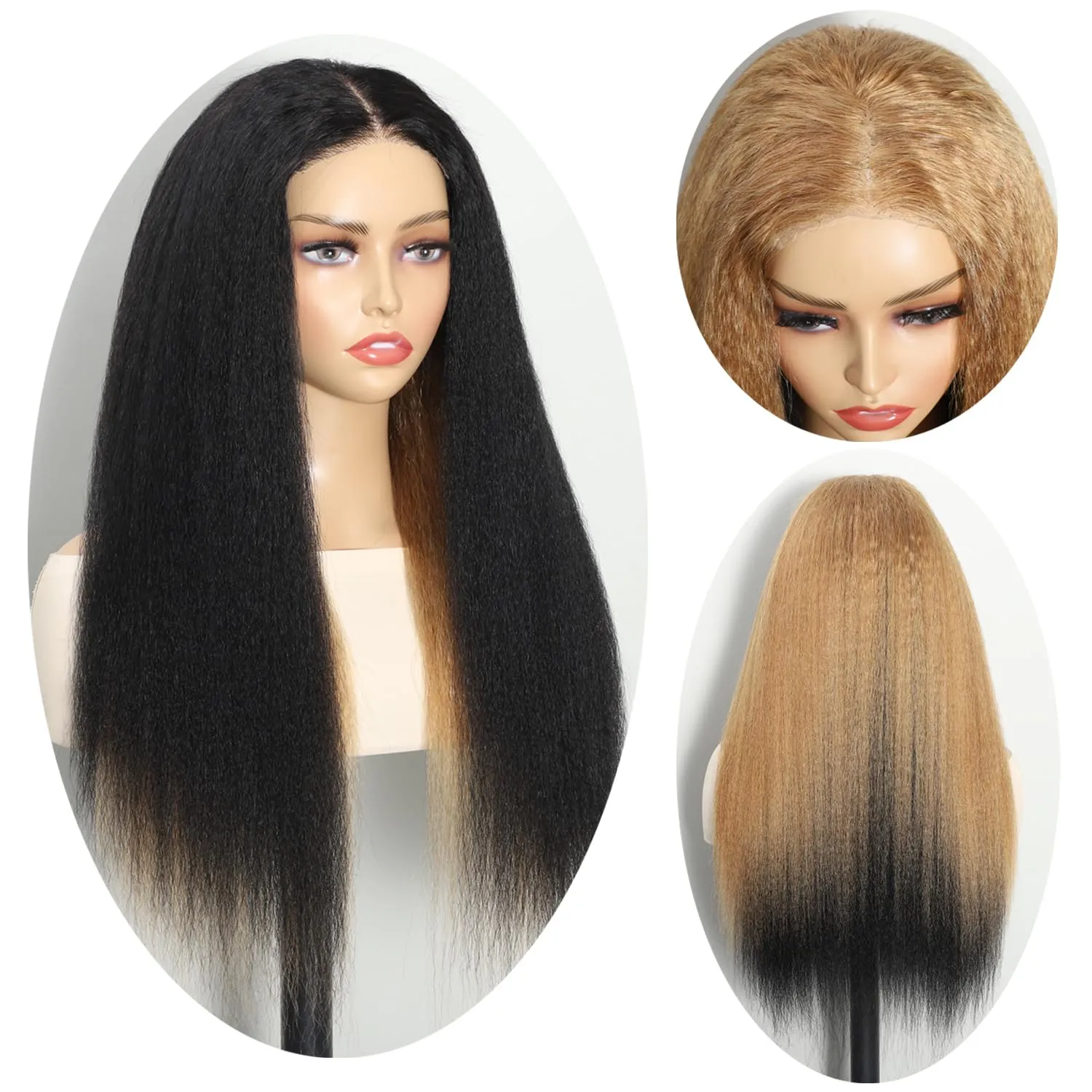 Wear and Go Glueless Yaki Straight Human Hair Wig Double Wear Wig No Glue Transparent HD Lace Wig 4x4 Kinky Straight Lace Closure Wigs Human Hair 180% Density 22 Inch (Blonde and Black)