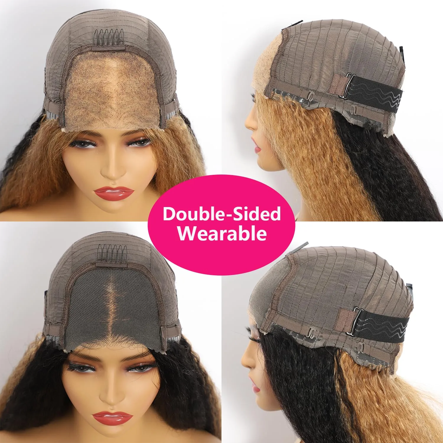Wear and Go Glueless Yaki Straight Human Hair Wig Double Wear Wig No Glue Transparent HD Lace Wig 4x4 Kinky Straight Lace Closure Wigs Human Hair 180% Density 22 Inch (Blonde and Black)