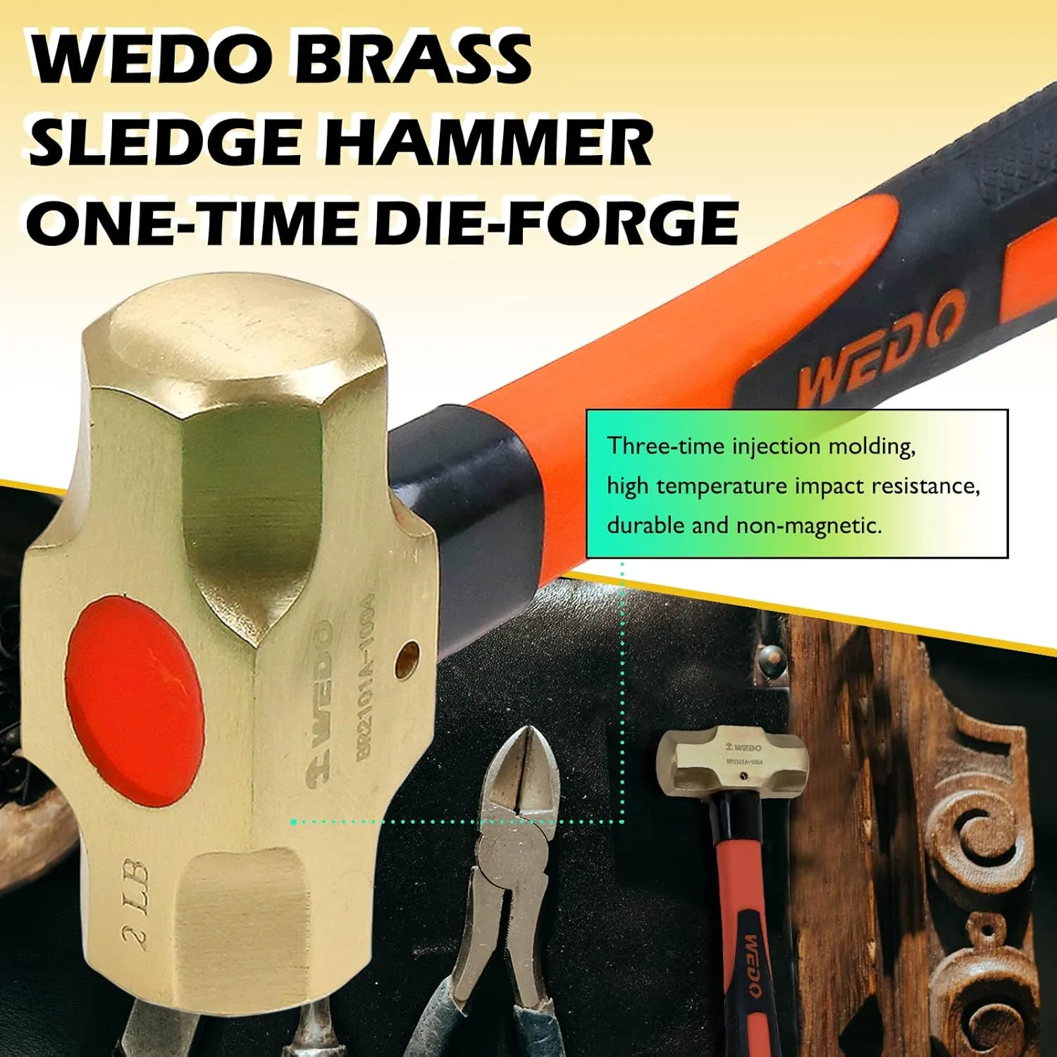 WEDO 2PCS Brass Sledge Hammer Set,2lb 2lb,Fiberglass Handle,Non-Magnetic,Die-Forge,Corrosion Resistant, DIN Standard
