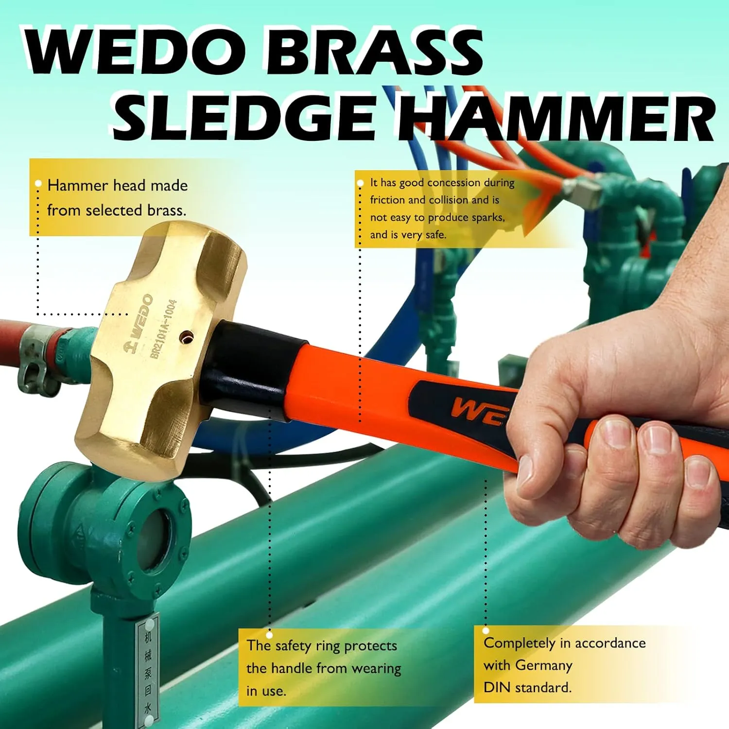 WEDO 2PCS Brass Sledge Hammer Set,2lb 2lb,Fiberglass Handle,Non-Magnetic,Die-Forge,Corrosion Resistant, DIN Standard
