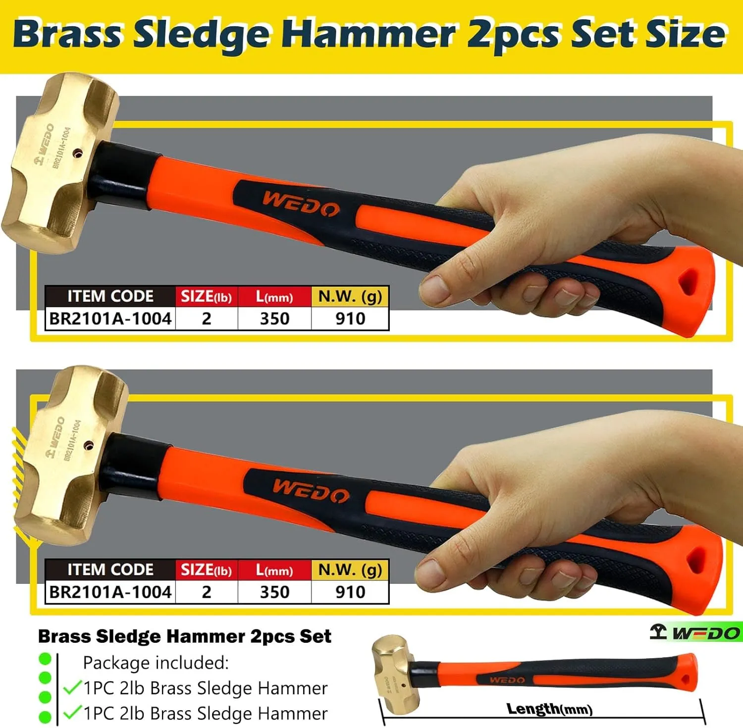 WEDO 2PCS Brass Sledge Hammer Set,2lb 2lb,Fiberglass Handle,Non-Magnetic,Die-Forge,Corrosion Resistant, DIN Standard