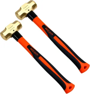 WEDO 2PCS Brass Sledge Hammer Set,2lb 2lb,Fiberglass Handle,Non-Magnetic,Die-Forge,Corrosion Resistant, DIN Standard