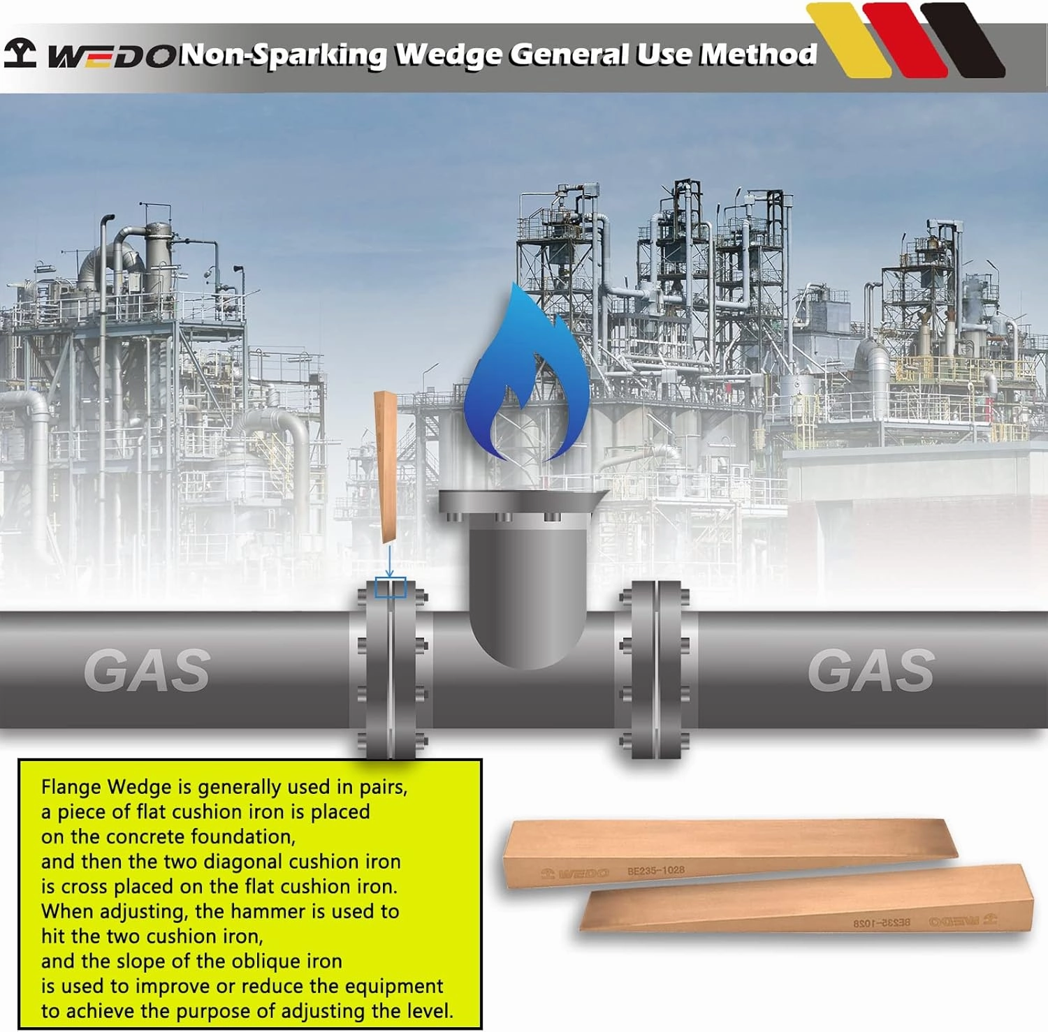 WEDO Non-Sparking Flange Wedge, Spark-free Safety Flange Wedge, Non-Magnetic, Die-Forge, Corrosion Resistant, DIN Standard, Beryllium Copper, 6mmx13mmx80mm