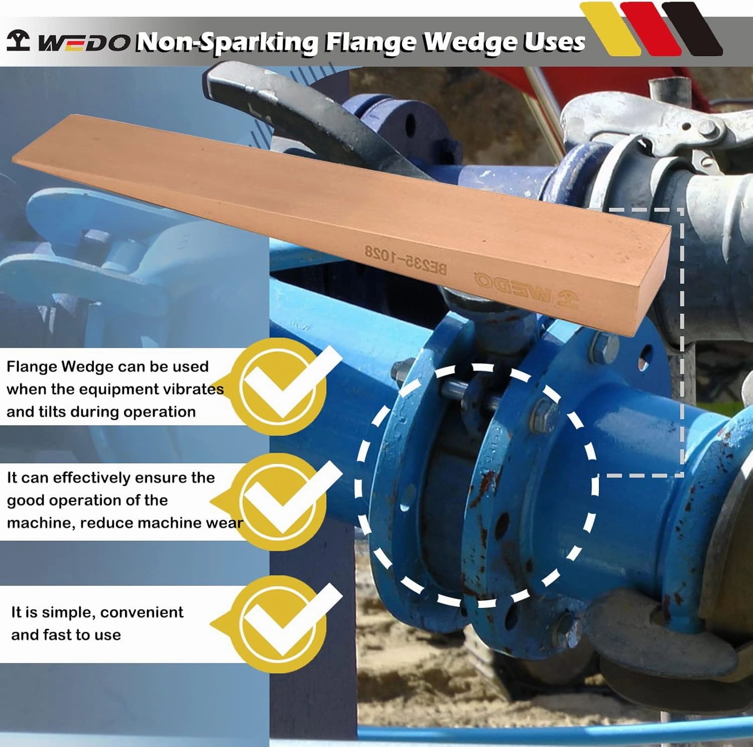 WEDO Non-Sparking Flange Wedge, Spark-free Safety Flange Wedge, Non-Magnetic, Die-Forge, Corrosion Resistant, DIN Standard, Beryllium Copper, 6mmx13mmx80mm