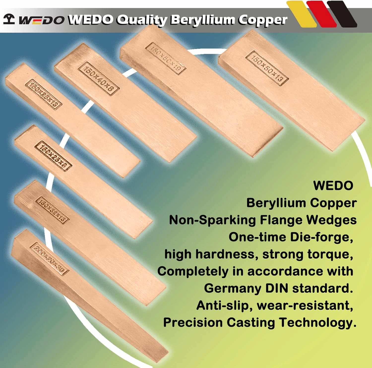 WEDO Non-Sparking Flange Wedge, Spark-free Safety Flange Wedge, Non-Magnetic, Die-Forge, Corrosion Resistant, DIN Standard, Beryllium Copper, 6mmx13mmx80mm