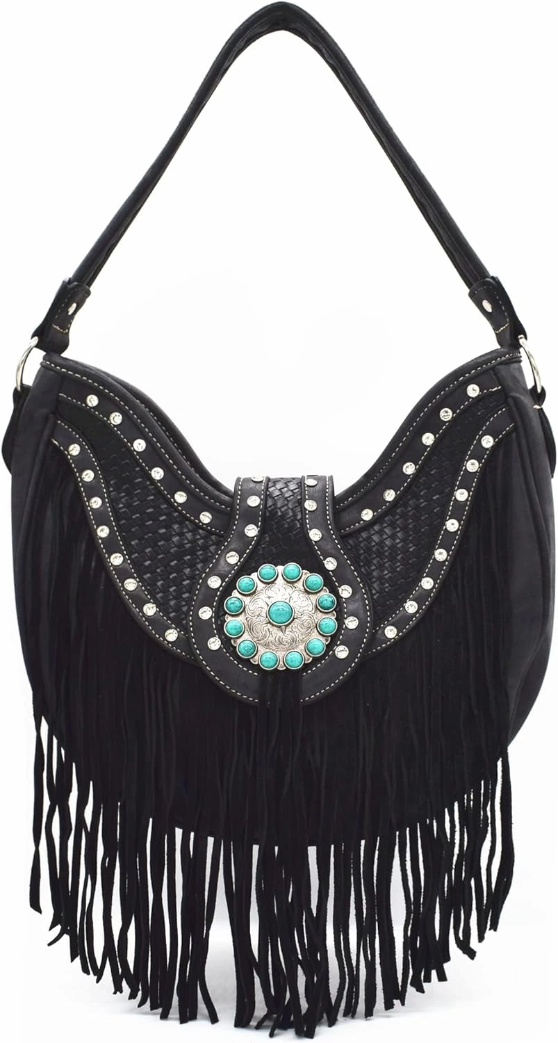 Western Style Fringe Conchos Gem Rhinestone Studded Woven Leather Purse Country Handbag Women Shoulder Bag Wallet Set