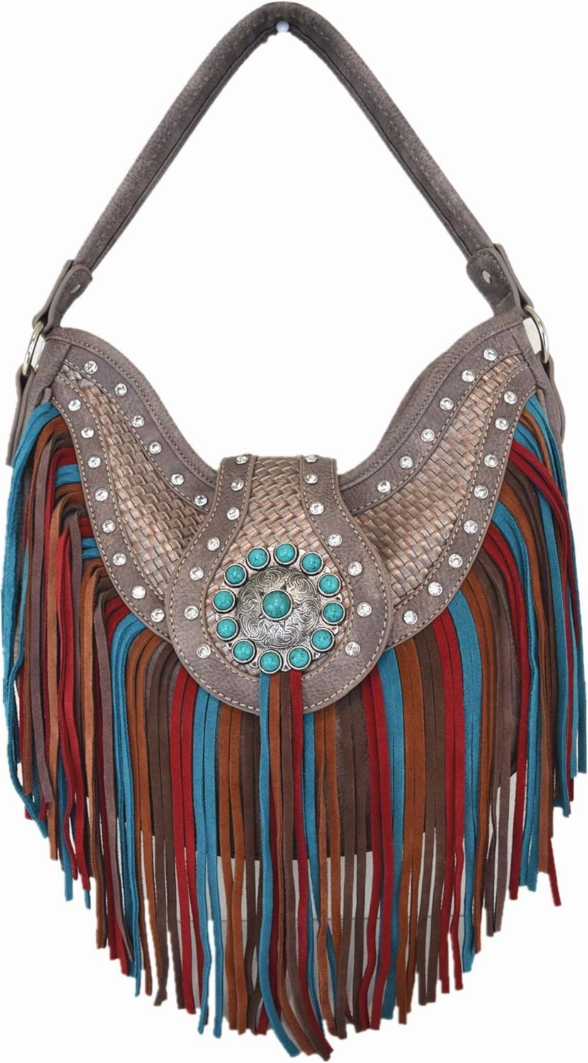 Western Style Fringe Conchos Gem Rhinestone Studded Woven Leather Purse Country Handbag Women Shoulder Bag Wallet Set