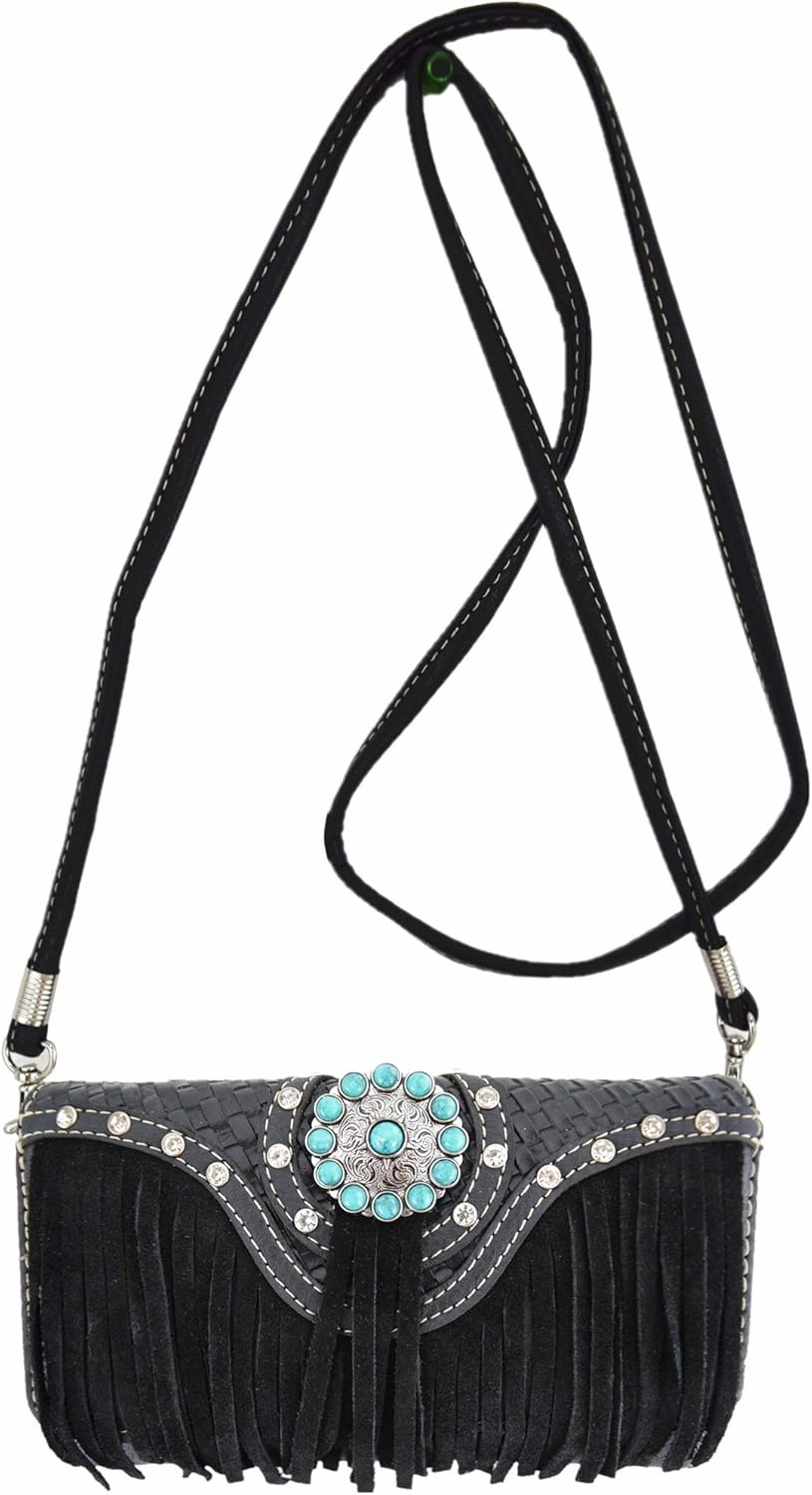 Western Style Fringe Conchos Gem Rhinestone Studded Woven Leather Purse Country Handbag Women Shoulder Bag Wallet Set
