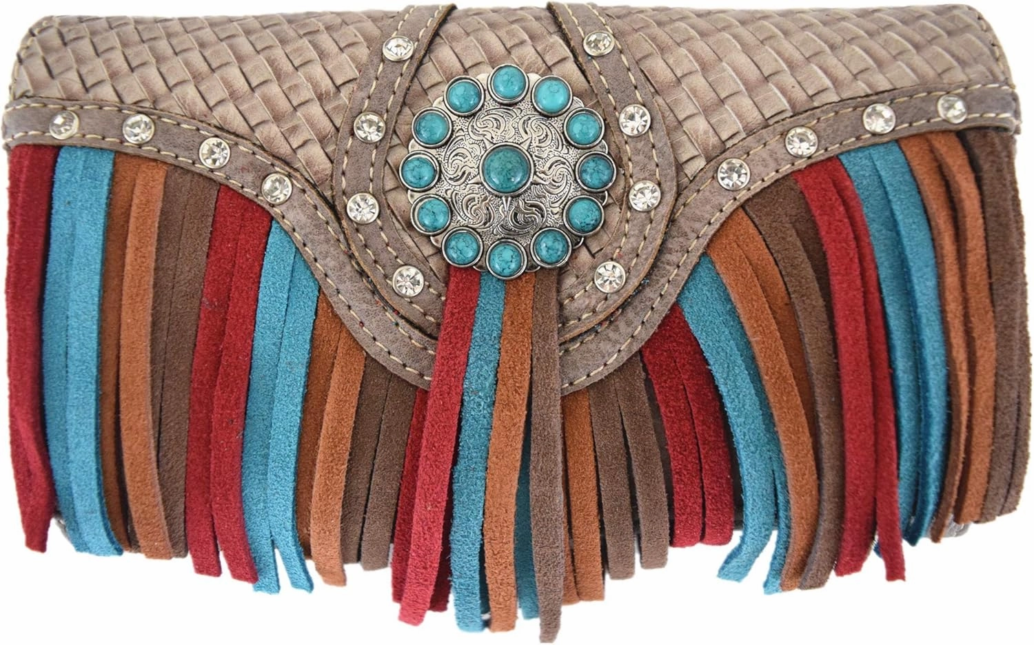 Western Style Fringe Conchos Gem Rhinestone Studded Woven Leather Purse Country Handbag Women Shoulder Bag Wallet Set