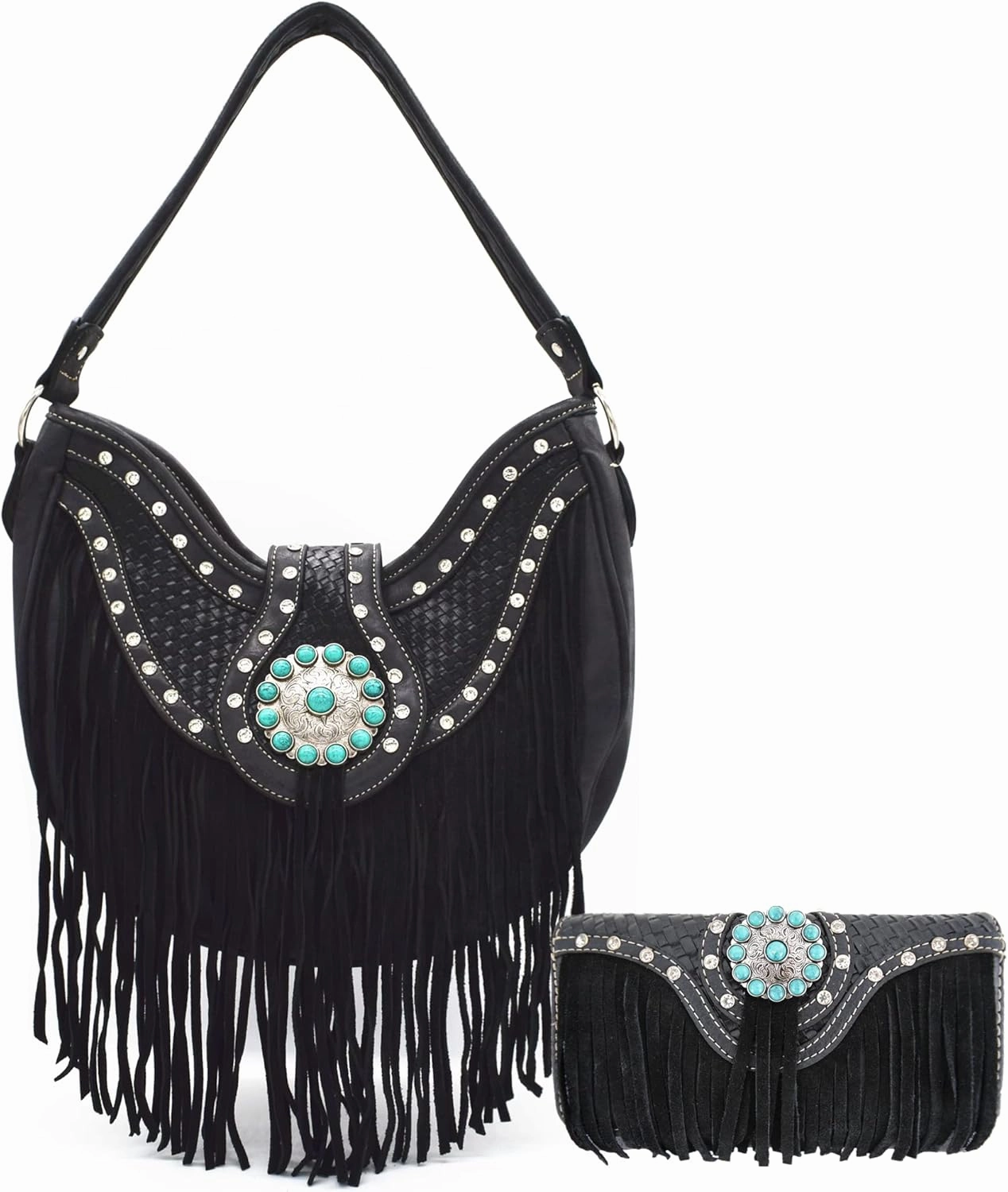 Western Style Fringe Conchos Gem Rhinestone Studded Woven Leather Purse Country Handbag Women Shoulder Bag Wallet Set
