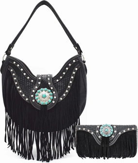 Western Style Fringe Conchos Gem Rhinestone Studded Woven Leather Purse Country Handbag Women Shoulder Bag Wallet Set