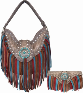 Western Style Fringe Conchos Gem Rhinestone Studded Woven Leather Purse Country Handbag Women Shoulder Bag Wallet Set