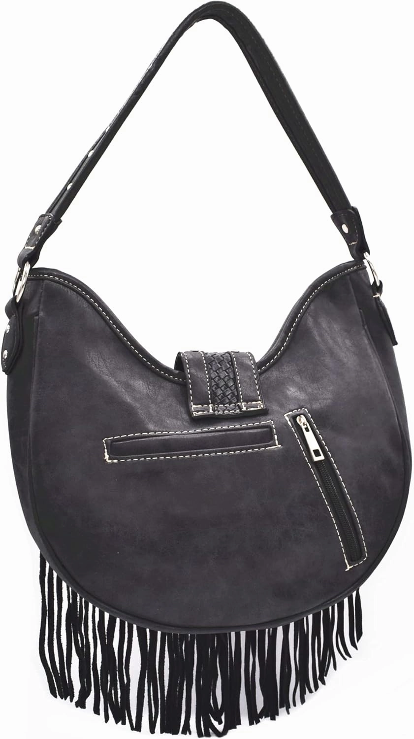 Western Style Fringe Conchos Gem Rhinestone Studded Woven Leather Purse Country Handbag Women Shoulder Bag Wallet Set