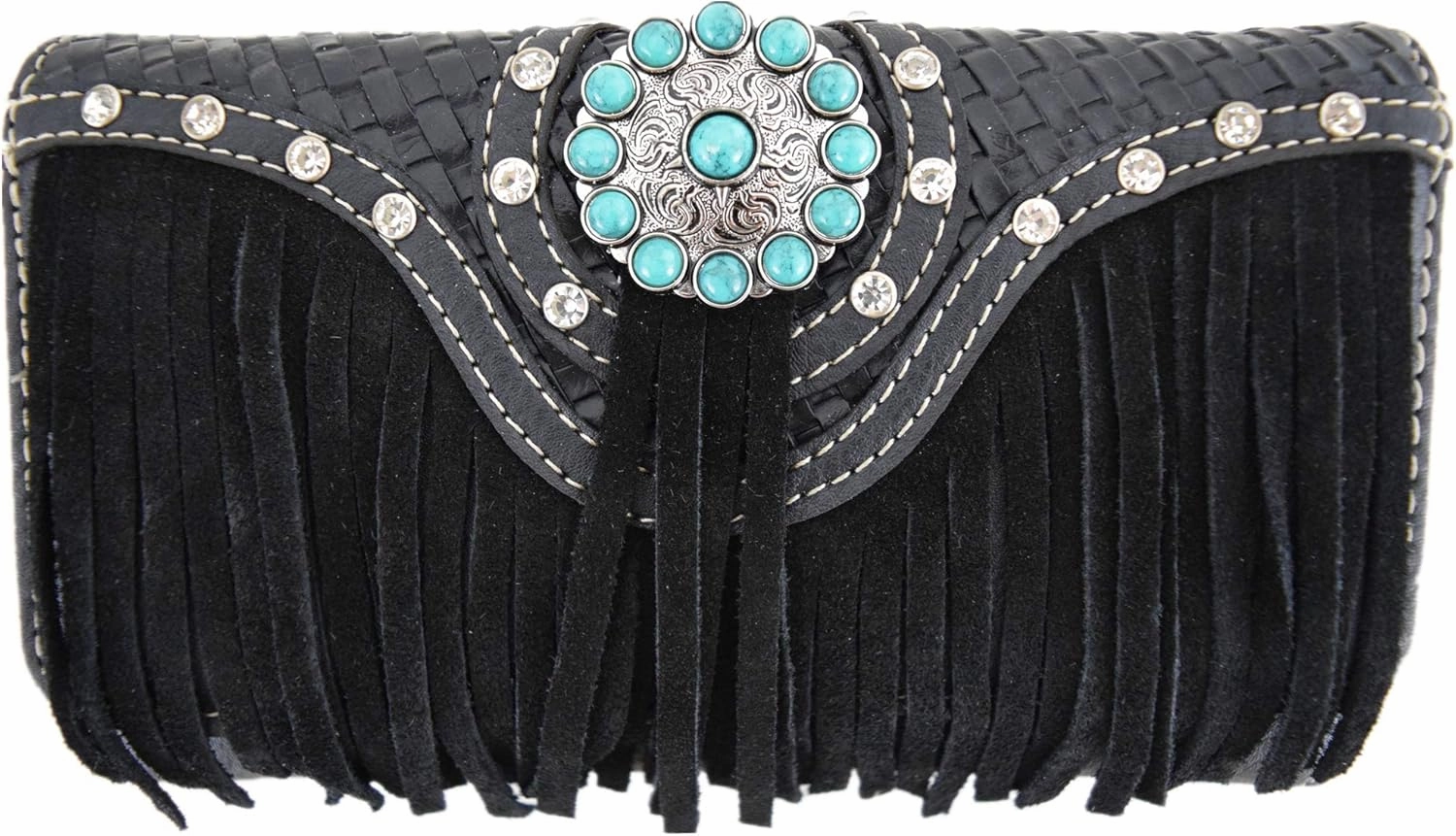 Western Style Fringe Conchos Gem Rhinestone Studded Woven Leather Purse Country Handbag Women Shoulder Bag Wallet Set