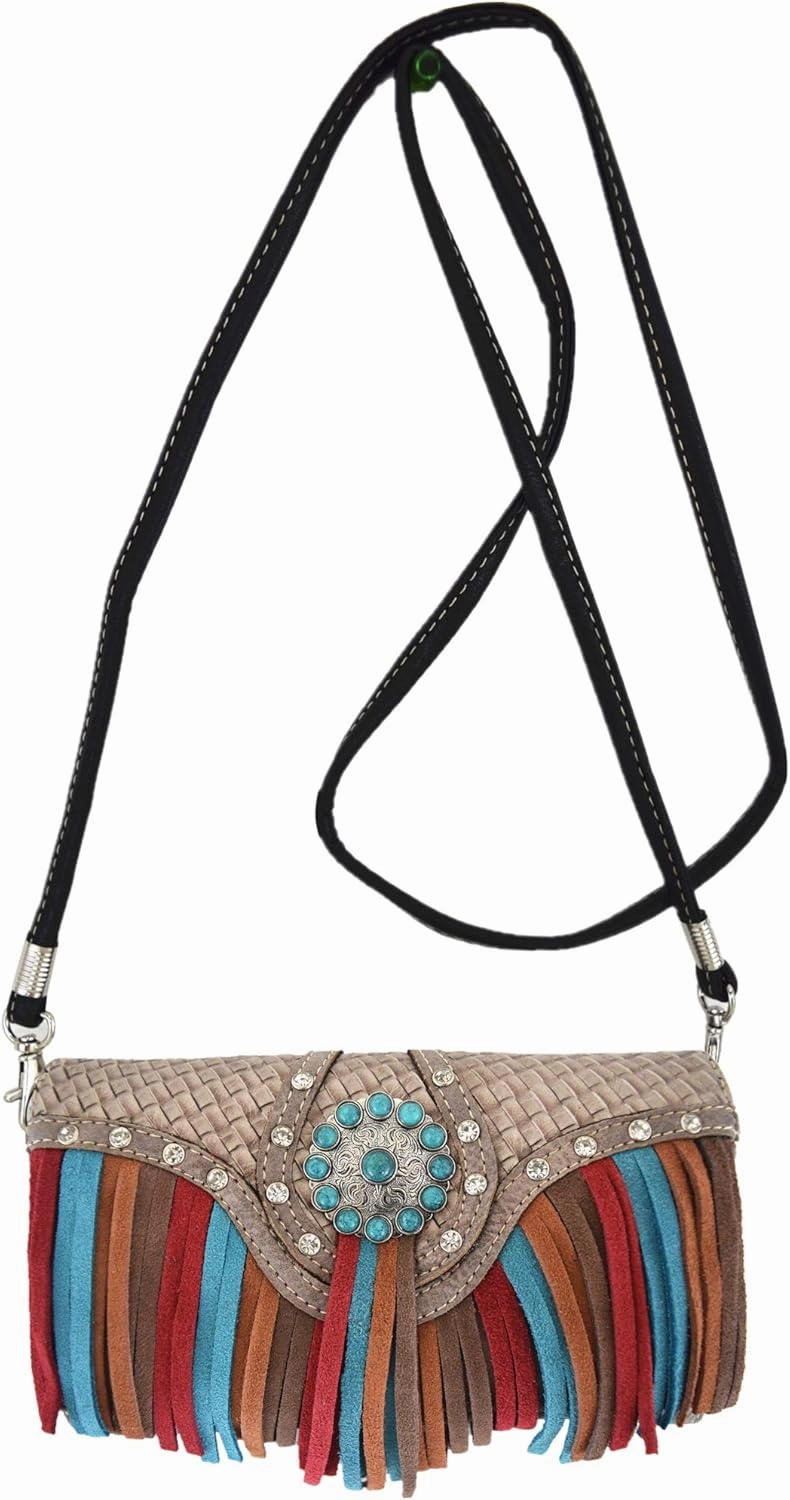 Western Style Fringe Conchos Gem Rhinestone Studded Woven Leather Purse Country Handbag Women Shoulder Bag Wallet Set