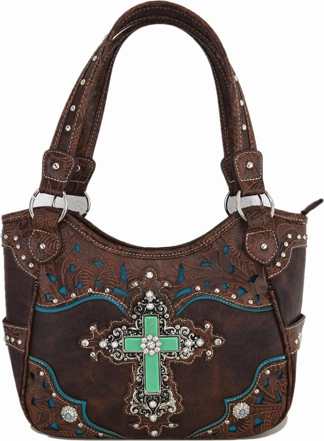 Western Style Rhinestone Cross Conchos Studded Women Purse Tooled Leather Handbag Country Shoulder Bag Trifold Wallet Set