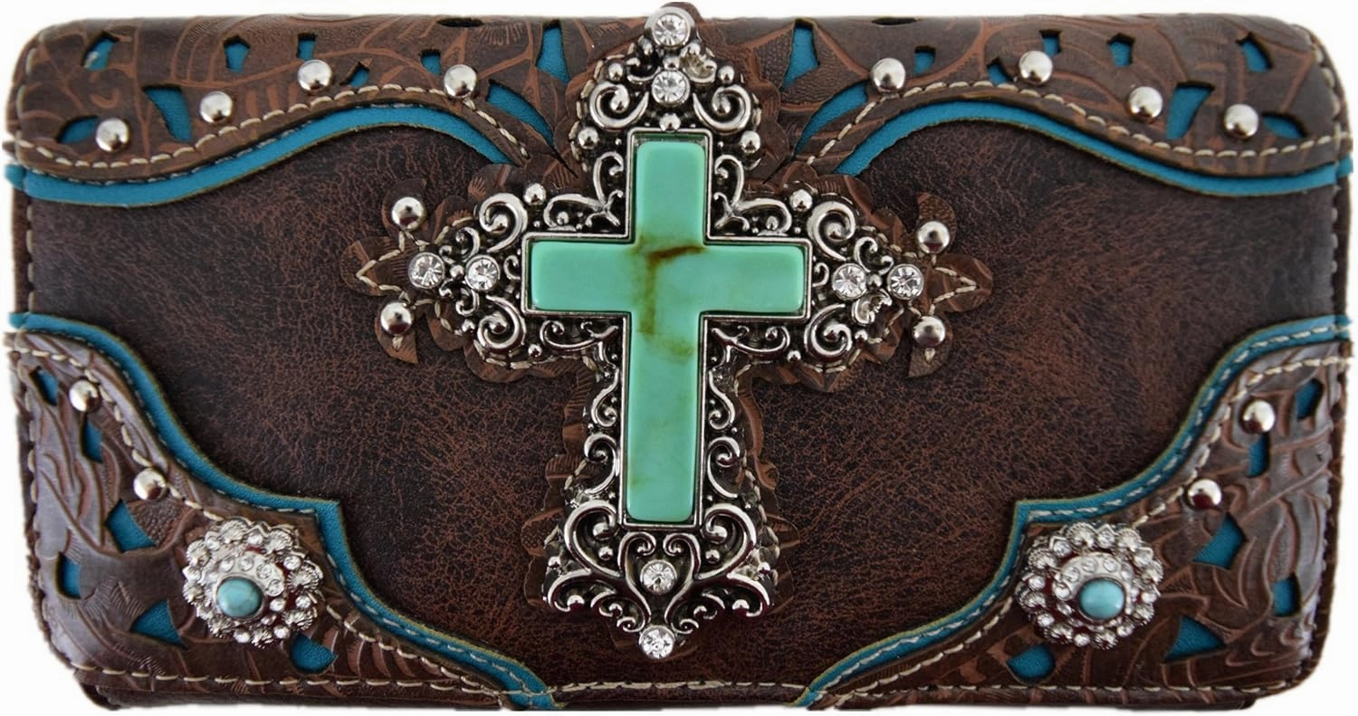 Western Style Rhinestone Cross Conchos Studded Women Purse Tooled Leather Handbag Country Shoulder Bag Trifold Wallet Set