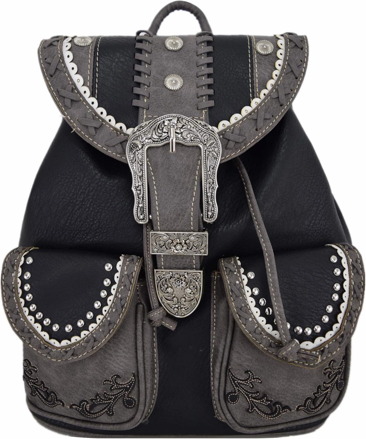 Western Style Tooled Buckle Studded Floral Women Country Backpack Bags Rucksack Daypack Biker Purse Matching Wallet Set (Black)