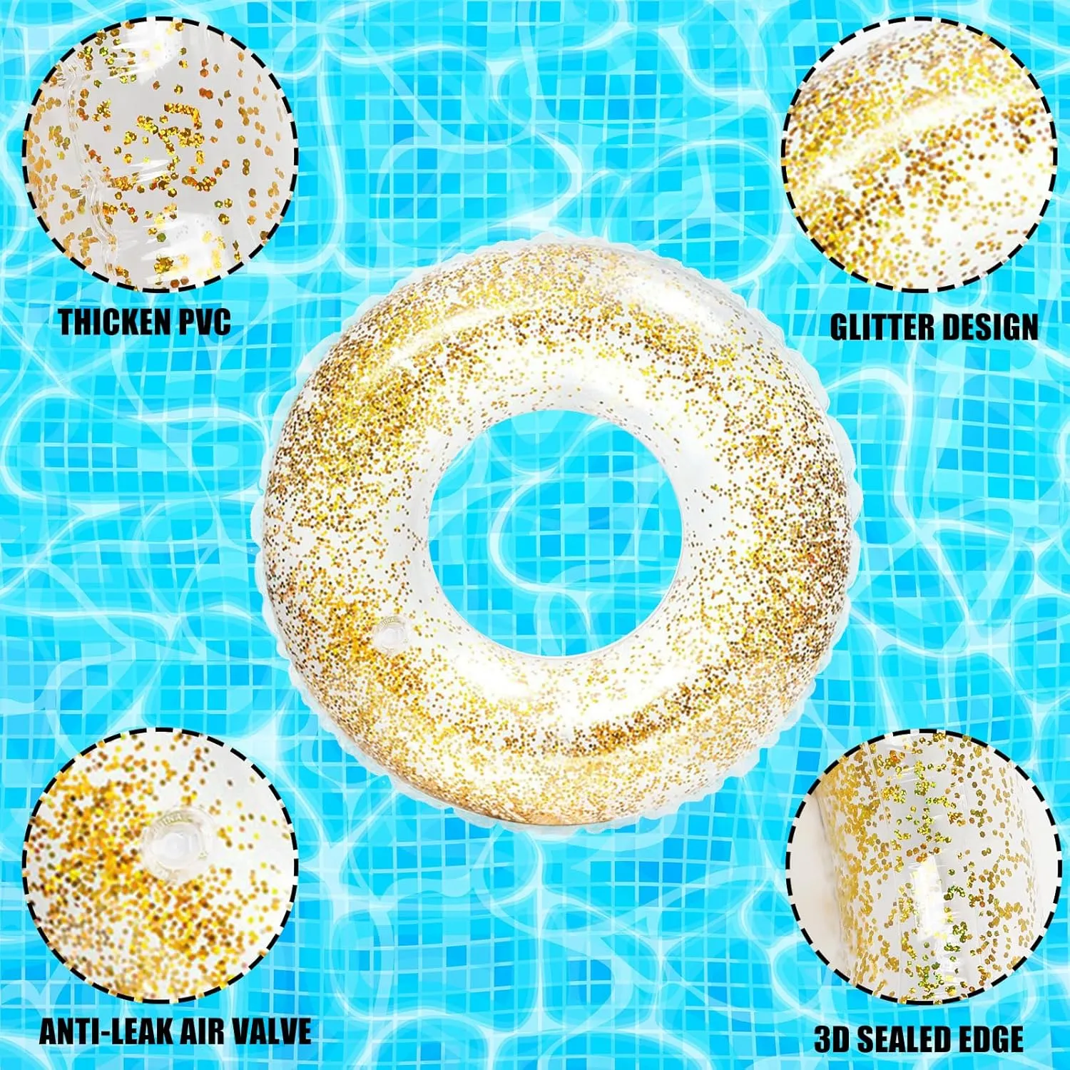 Whaline 4Pcs Inflatable Pool Floats Toys Clear Swim Tubes Rings Glitter Pool Tube