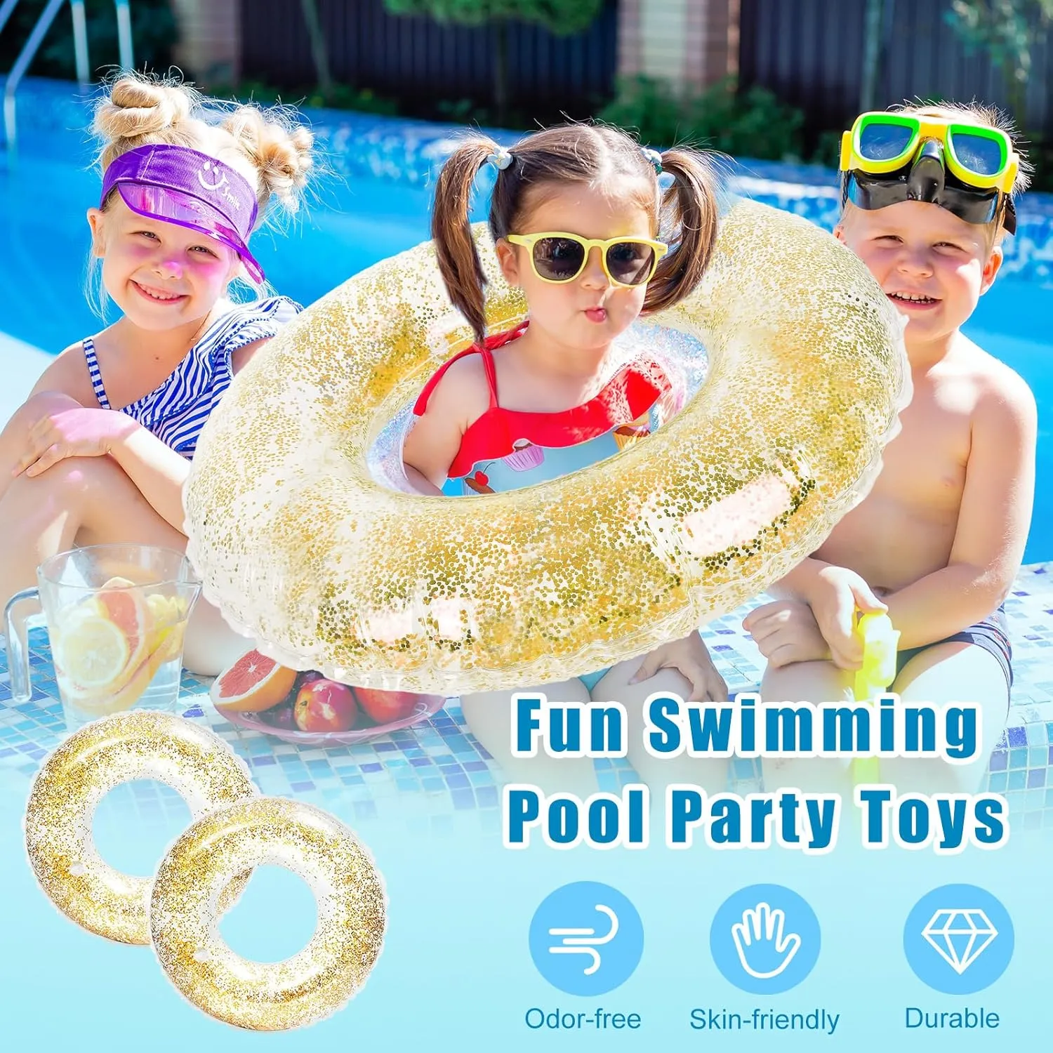 Whaline 4Pcs Inflatable Pool Floats Toys Clear Swim Tubes Rings Glitter Pool Tube