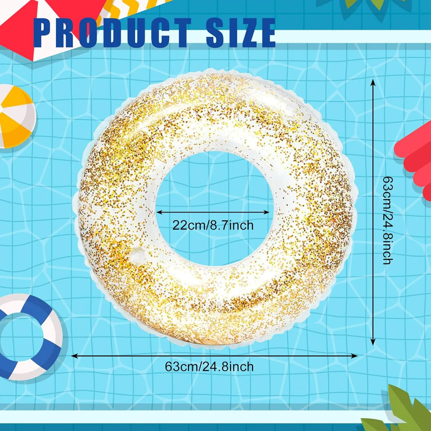 Whaline 4Pcs Inflatable Pool Floats Toys Clear Swim Tubes Rings Glitter Pool Tube
