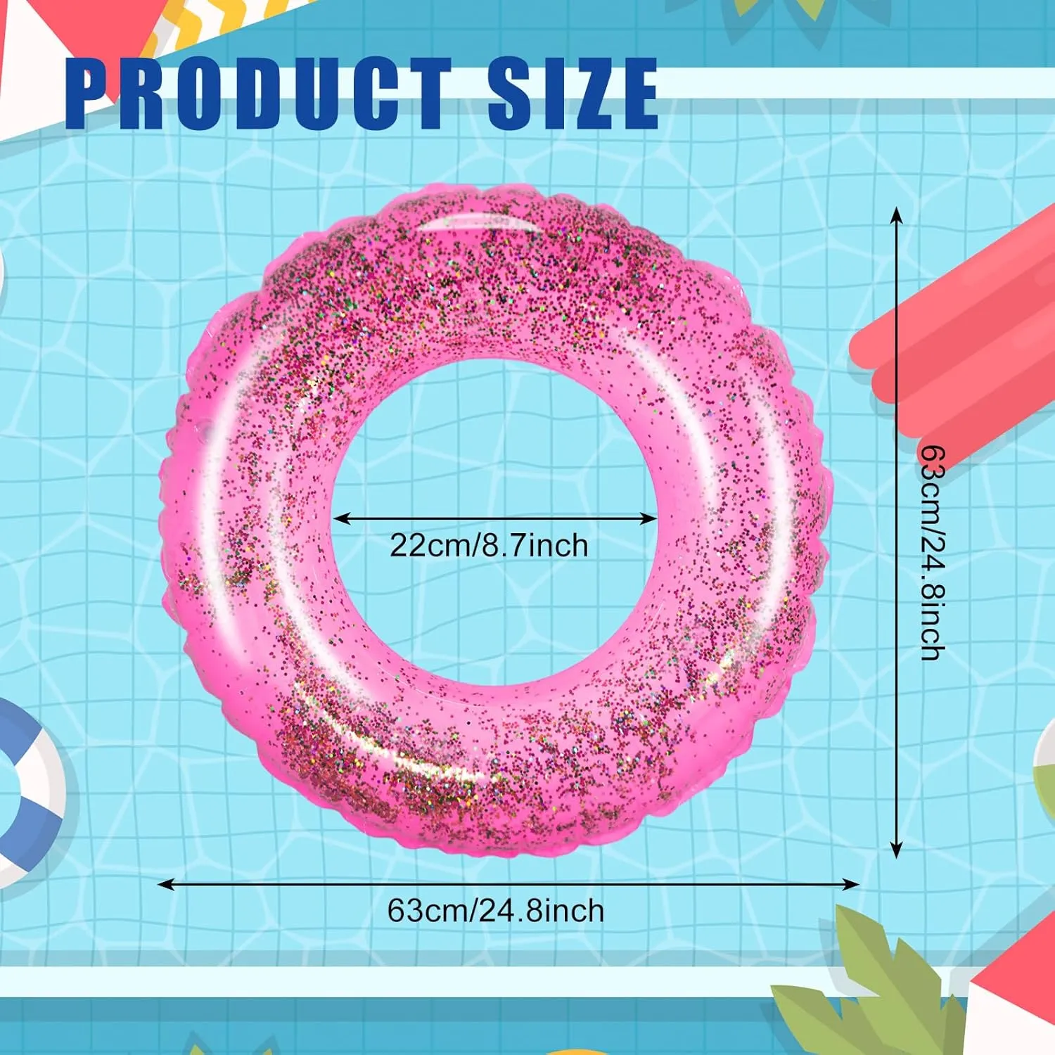 Whaline 4Pcs Inflatable Pool Floats Toys Swim Tubes Rings Glitter Pool Tube