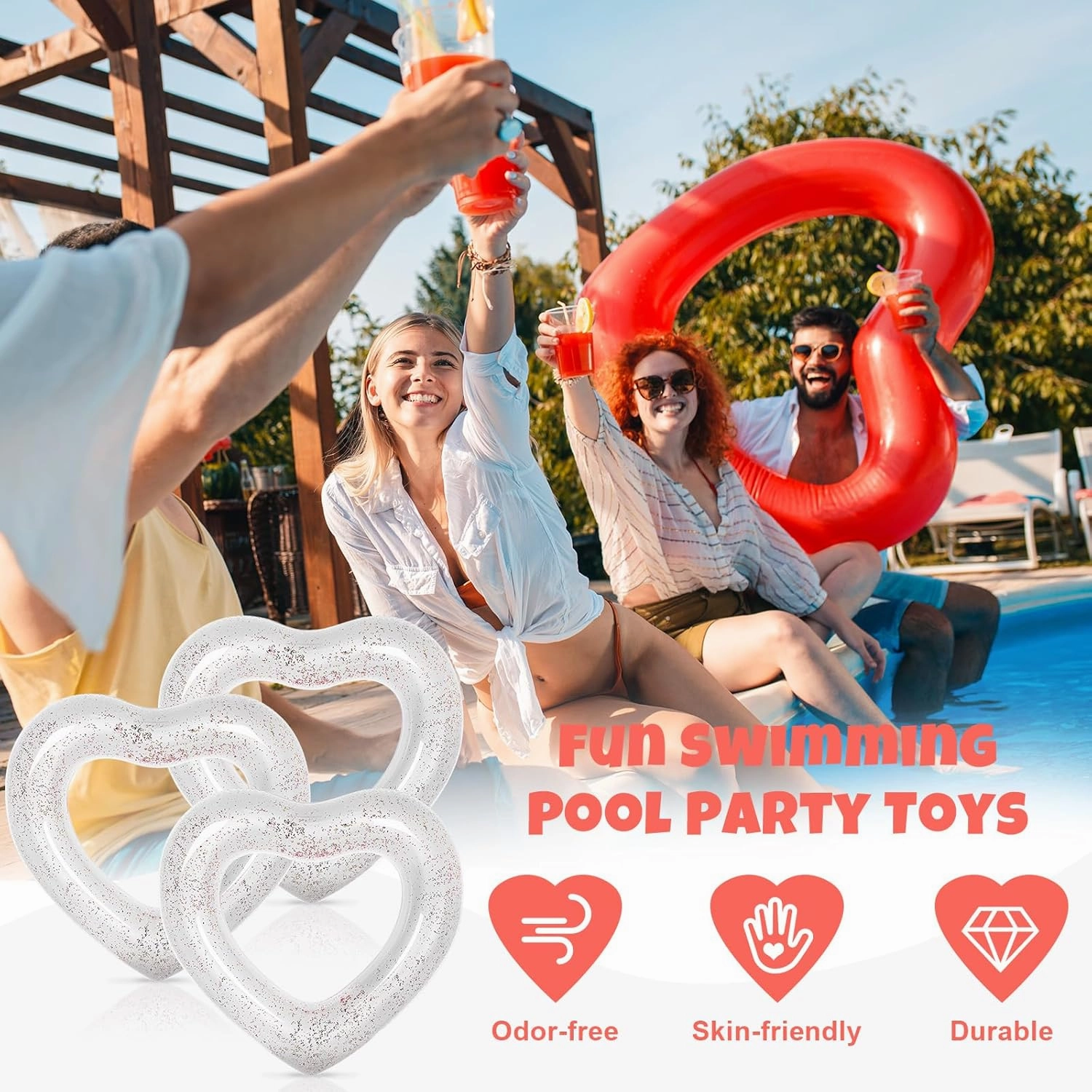 Whaline 3Pcs Inflatable Heart Pool Float Swim Heart Shaped Pool Rings Float Loungers Tube