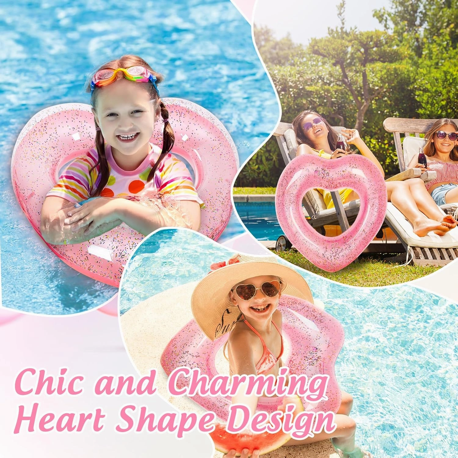 Whaline 3Pcs Inflatable Heart Pool Float Swim Heart Shaped Pool Rings Float Loungers Tube