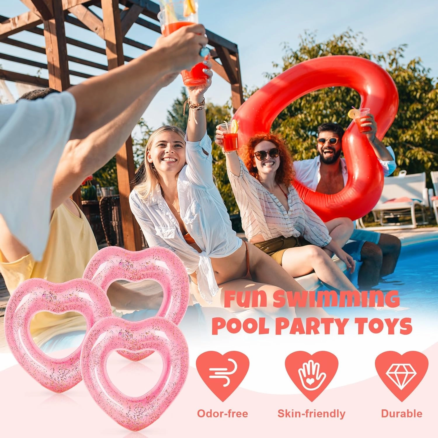 Whaline 3Pcs Inflatable Heart Pool Float Swim Heart Shaped Pool Rings Float Loungers Tube