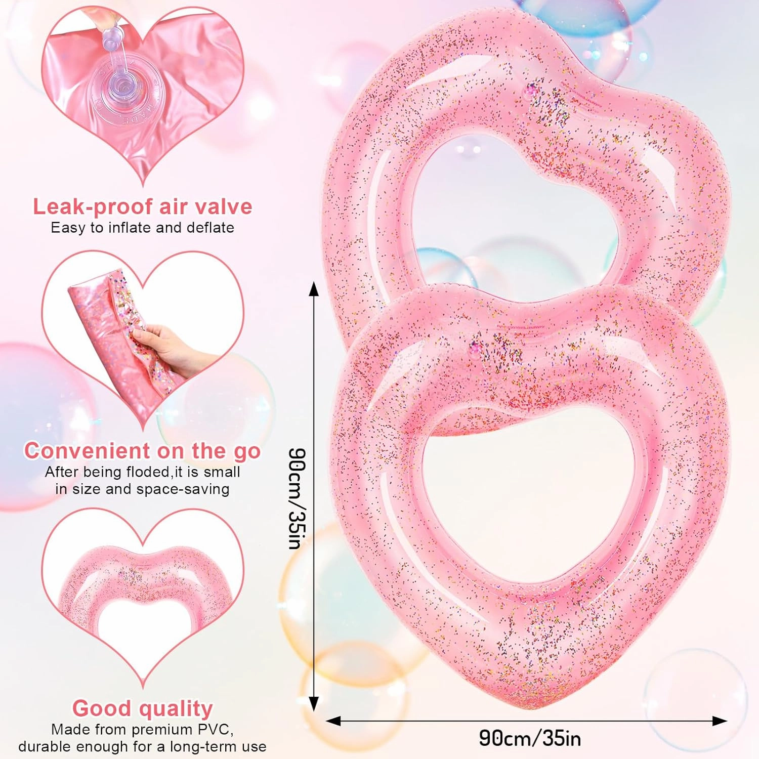 Whaline 3Pcs Inflatable Heart Pool Float Swim Heart Shaped Pool Rings Float Loungers Tube