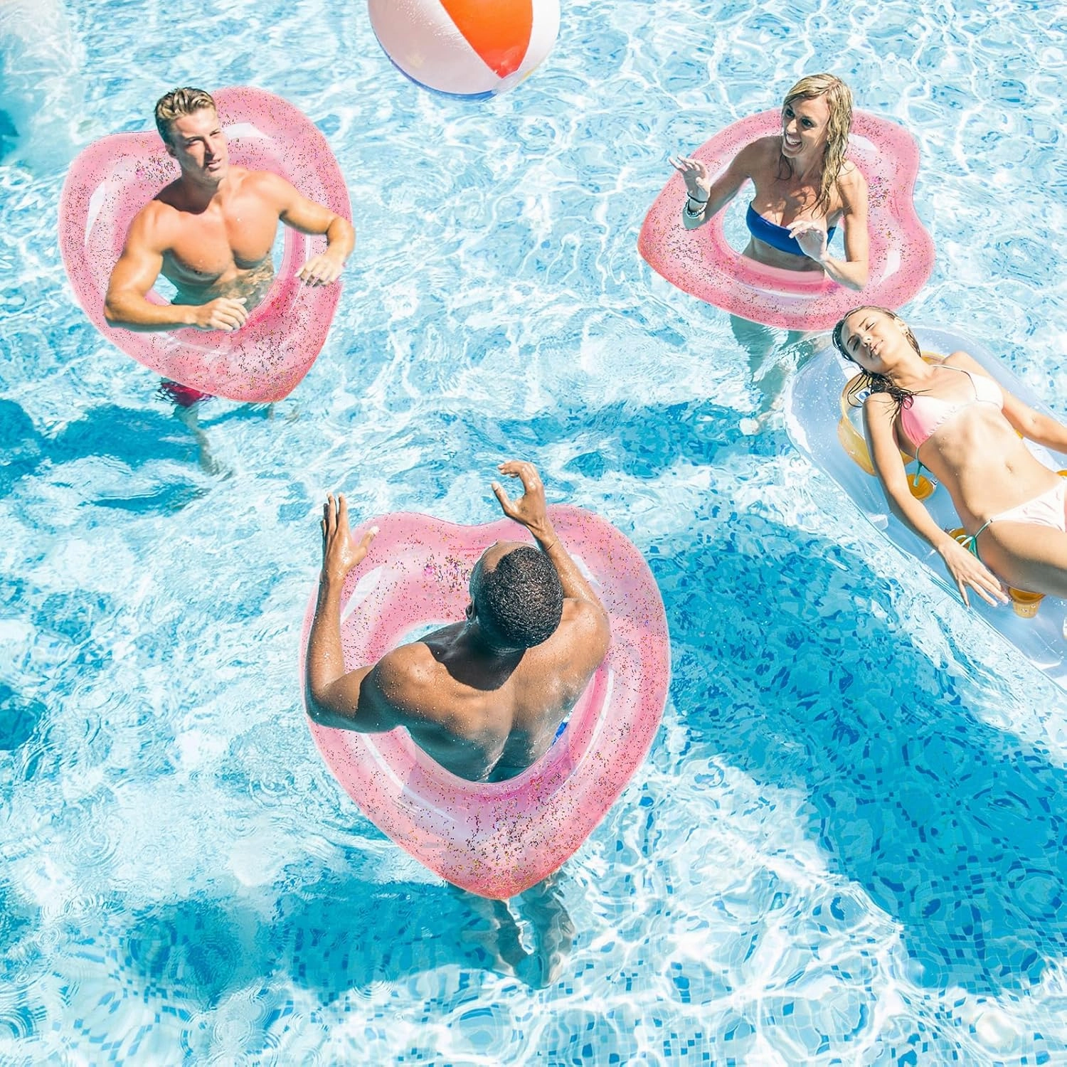 Whaline 3Pcs Inflatable Heart Pool Float Swim Heart Shaped Pool Rings Float Loungers Tube