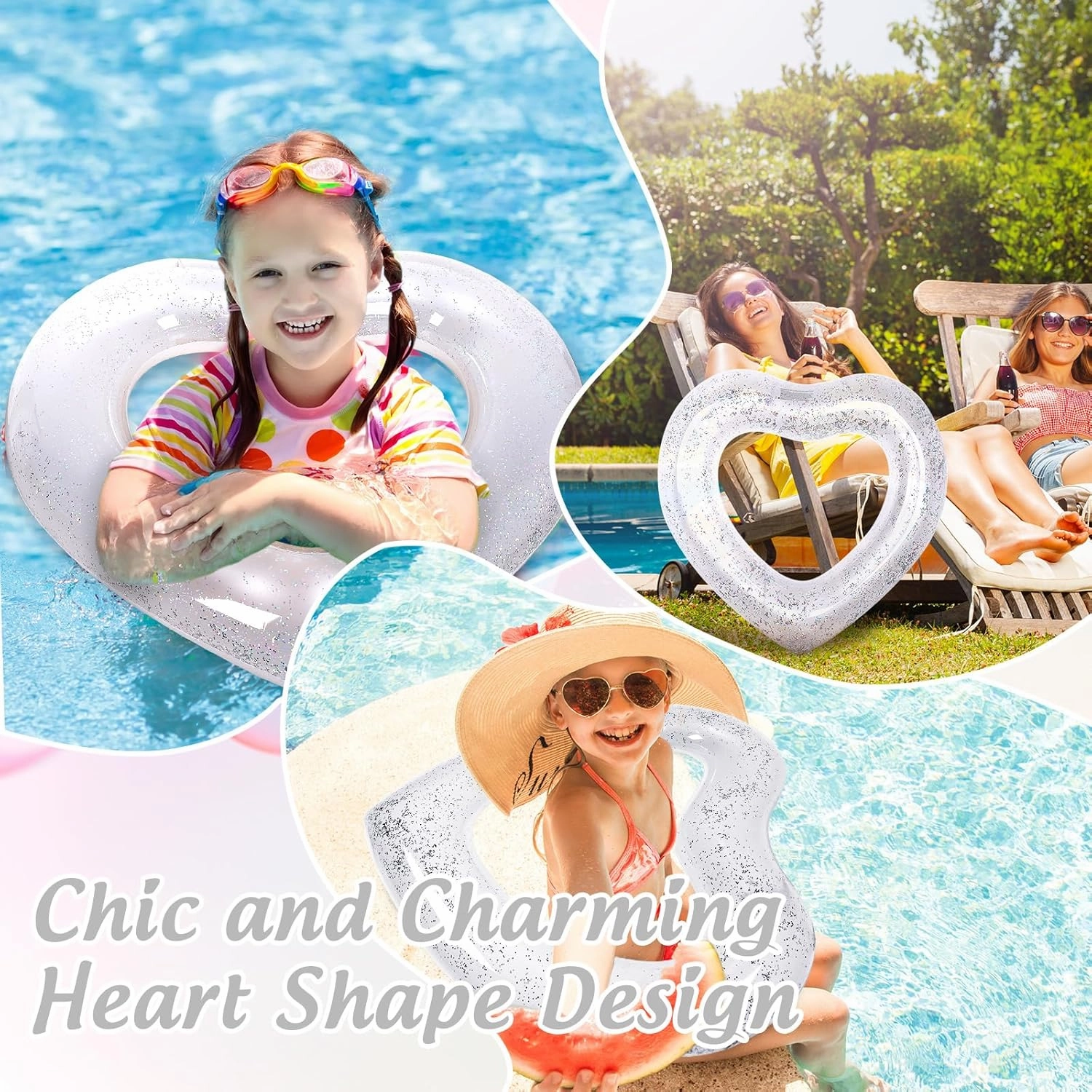 Whaline 3Pcs Inflatable Heart Pool Float Swim Heart Shaped Pool Rings Float Loungers Tube