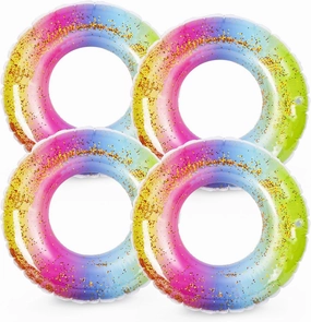 Whaline 4Pcs Inflatable Pool Floats Toys Swim Tubes Rings Glitter Rainbow Pool Tube for Boys Girls Outdoor Summer Swimming Pool Beach Party Favors Supplies